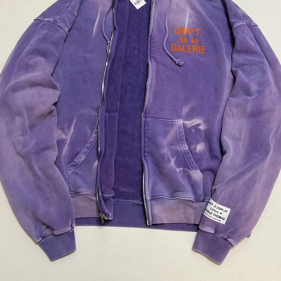 The same style as the owner GALLERY DEPT. FRENCH ZIP HOODIE water corrugated French zipper hole hoodie, sun washed purple, washed purple S-XL, ready-to-wear dyeing, hand-stitched and heavy-weighted, faded, super-heavy washing, hand-hanging holes, bone edges turned white, molded and customized with G LOGO zipper